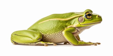 Fototapeta premium A green frog sitting on a white surface. Perfect for nature or animal themed designs