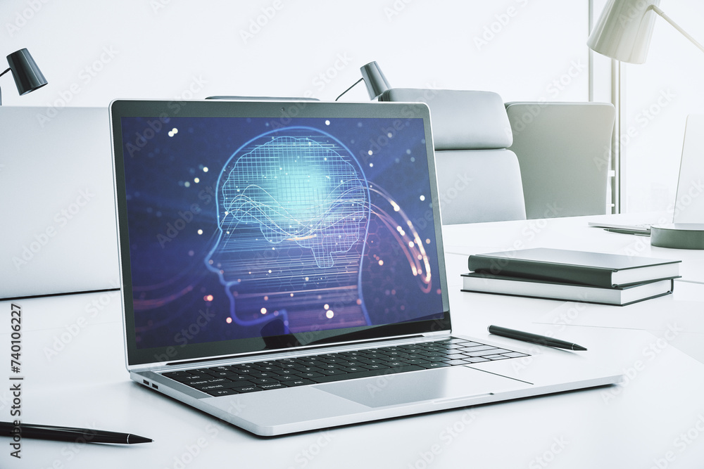 Fototapete modern computer monitor with creative artificial intelligence symbol. neural networks and machine le