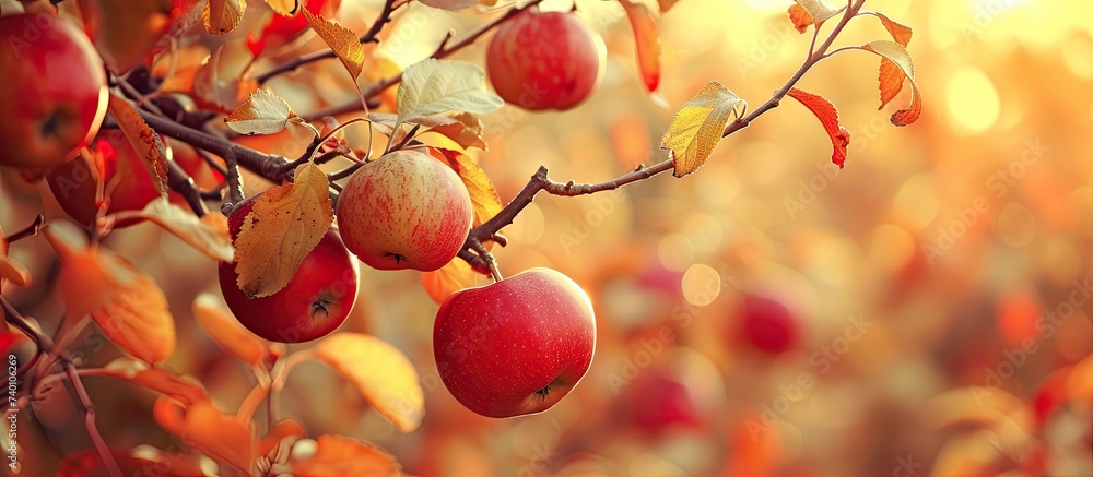 Poster in an autumn scene, an apple tree stands adorned with an abundance of bright red apples ready for pi