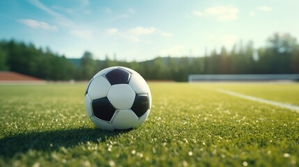 A soccer ball placed on a vibrant green grass field. Suitable for sports and recreational concepts