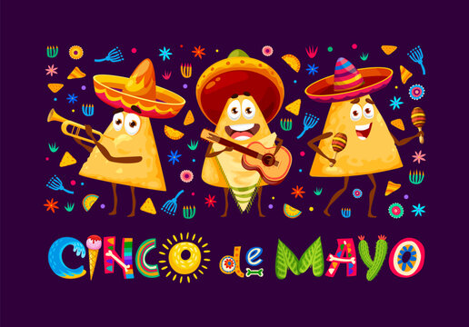 Mexican nachos characters on Cinco de Mayo banner, vector Mexico tex mex food mariachi musicians. Cartoon funny corn chips nachos personages in sombrero hats playing guitar, maracas and trumpet