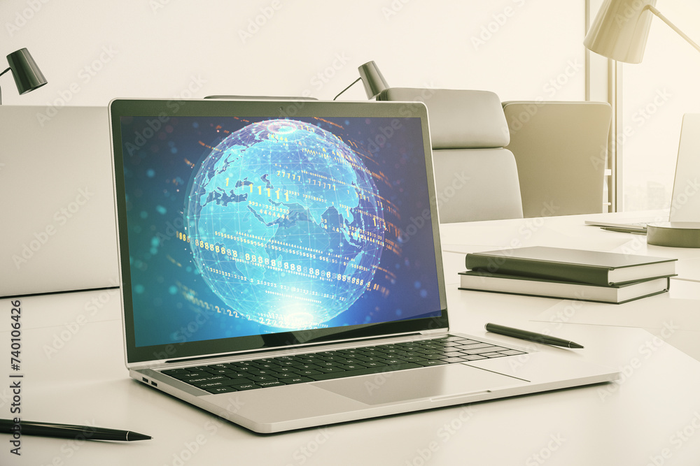 Fototapete computer monitor with abstract creative programming illustration and world map, big data and blockch