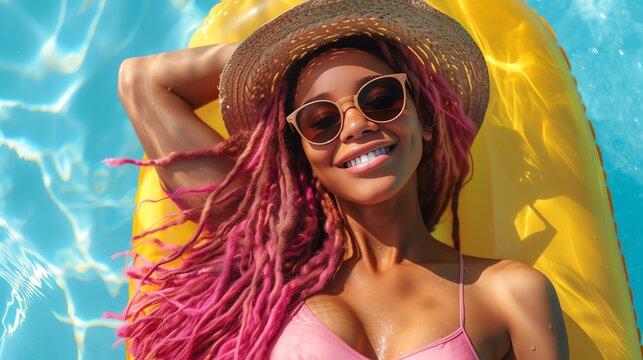 Hello summer. Woman with Pink dreadlocks swimming in the pool. Ai generated image