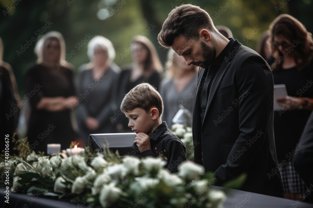 Poster a man and a boy looking at a tablet computer. suitable for technology and family concepts