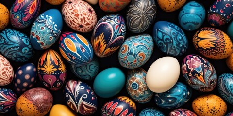 Fototapeta na wymiar Colorful painted eggs in a close-up view. Ideal for Easter designs