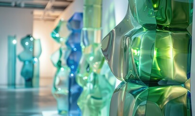 Light green glass insallation exibition in art museum with abstract crystal figures lit with sulnight from the window as artistic neutral backgound or wallpaper concept