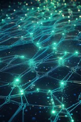 Naklejka na ściany i meble Cyber big data flow. Blockchain Turquoise data fields. Network line connect stream