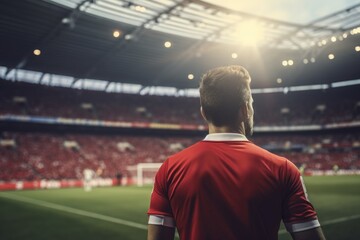 A man in a red shirt standing on a soccer field. Suitable for sports themes