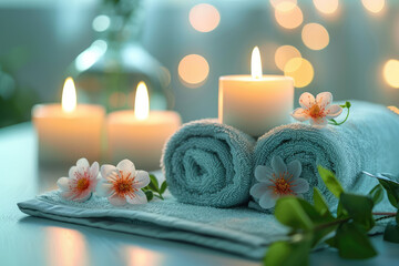 Fototapeta na wymiar A tranquil spa setting with lit candles, fluffy towels, and delicate flowers creating a serene ambiance.