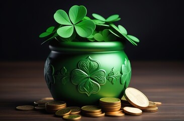 Green leprechaun pot kettle full of golden coins rich clover st. Patrick day copy space Irish magic folklore solid background