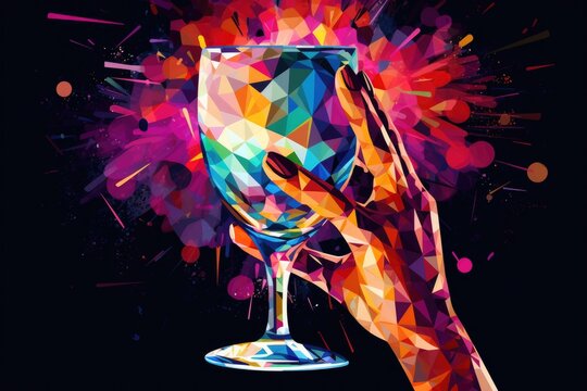 Vibrant image of a hand holding a wine glass with colorful paint splatters, perfect for art and creativity concepts