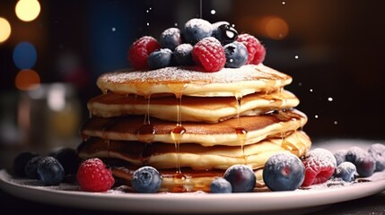 A stack of pancakes topped with fresh berries and syrup. Perfect for breakfast or brunch