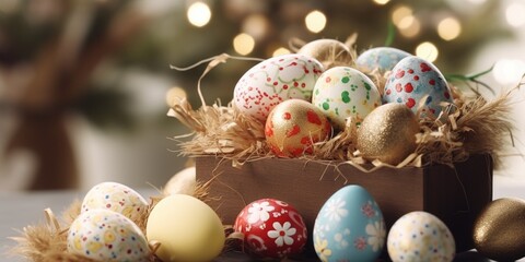 Fototapeta premium A wooden box filled with vibrant colored eggs. Great for Easter decorations