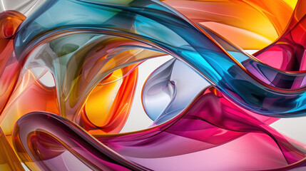 Abstract 3D colorful arrangement of swirly glass tubes, in style of photorealistic compositions, fluidity, dark table processing, irregular shapes, clear colors, multilayered
