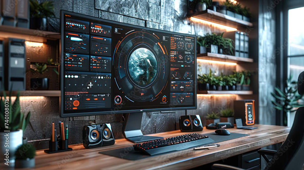 Poster highlight the innovation in technology. showcase futuristic gadgets or a creative workspace with a f