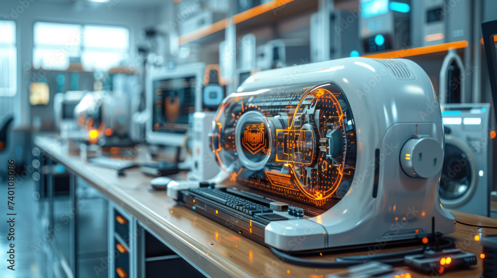 Poster highlight the innovation in technology. showcase futuristic gadgets or a creative workspace with a f