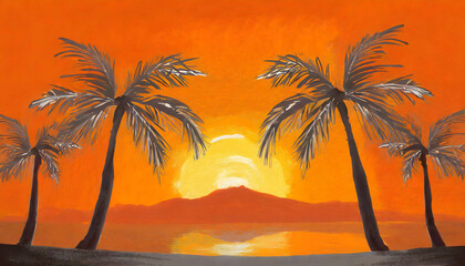 Fototapeta na wymiar Abstract Palm tree on orange wall and sunset over backgound on digital art concept.
