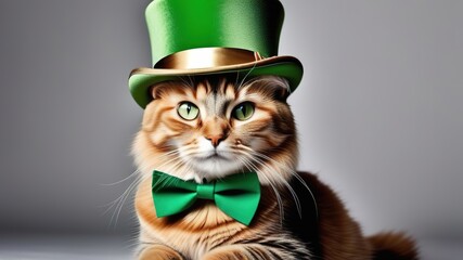 Funny cat portrait in a tall green hat St. Patrick's day copy space banner white grey background fluffy feline green eyes red brown
