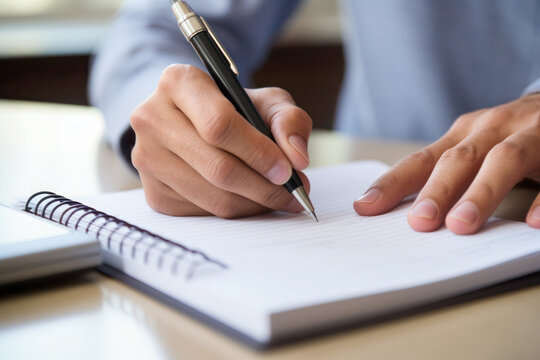 Close-up of a person's hand holding a pen and writing on a white paper.