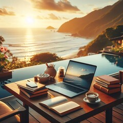 a cup of coffee with a Laptop & books on a wooden table with a sunset view of the sea. Working on vacation, digital nomad, or influencer created with Generative ai.  - obrazy, fototapety, plakaty