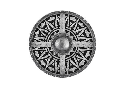 Old decorated metal round shield isolated on white background