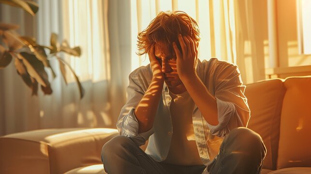 Depressed man sitting alone. Mental health concept. Ai generated image