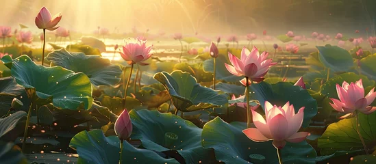 Foto op Canvas A breathtaking scene of a field filled with water lilies, bathed in the morning light while the sun shines in the background. © AkuAku