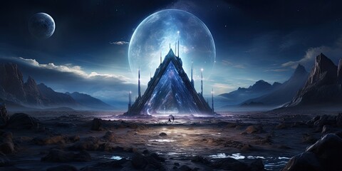Futuristic Pyramid Surrounded by Mountains and Planets Generative AI - obrazy, fototapety, plakaty