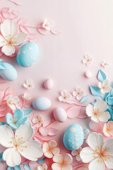 Pastel Easter Eggs with Spring Blossoms on Pink and Blue Gradient