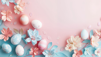 Pastel Easter Eggs with Spring Blossoms on Pink and Blue Gradient