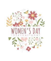 International women's day card. Flowers on the white background. Flat style vector illustration