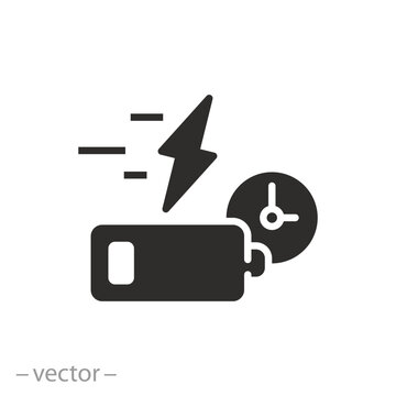 accumulator charge time icon, fast battery charging, flat symbol on white background - vector illustration
