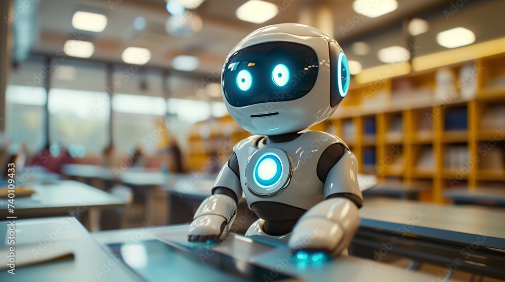 Poster a humanoid robot with expressive eyes and modern design sitting on a desk in a library, representing