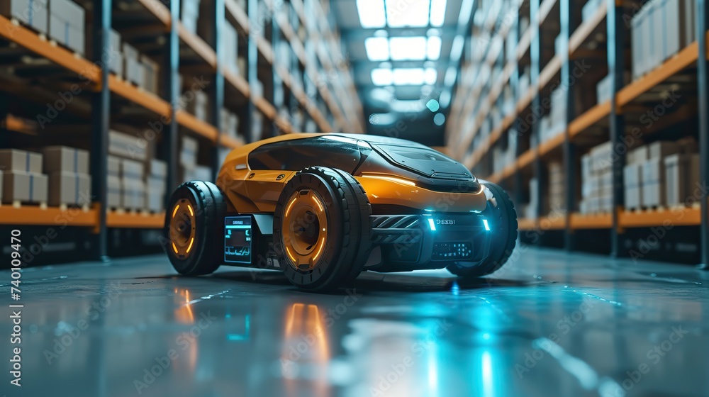 Poster futuristic autonomous robot navigating a warehouse, designed for efficient logistics, inventory mana