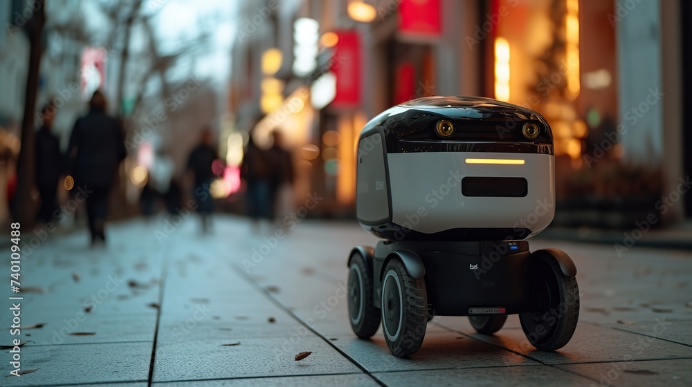 Poster an autonomous delivery robot making its way on a city sidewalk, illustrating the integration of robo