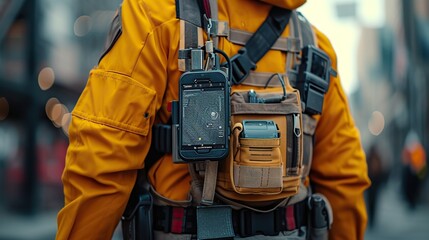 Close-up of a surveyor in a yellow jacket using high-precision GPS equipment for urban geospatial mapping on a busy street. - obrazy, fototapety, plakaty