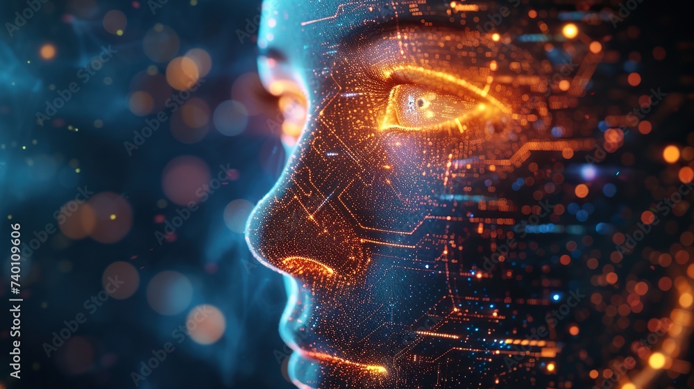 Poster a digital representation of a human face overlaid with glowing circuit patterns, symbolizing the con