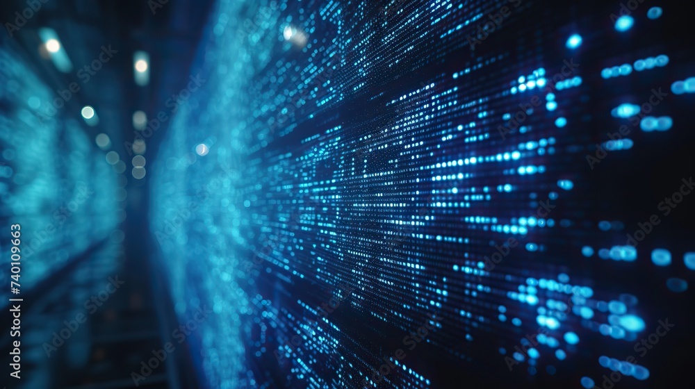 Poster a server room bathed in a blue glow showcases an endless wall of binary code, depicting the digital 