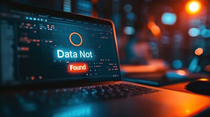 A laptop screen displaying a 'Data Not Found' error message in a high-tech, server-like environment with ambient blue and orange lighting.
