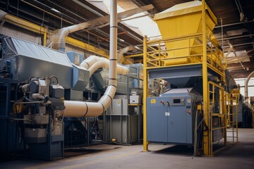A Close-Up View of an Industrial Dust Collector Bag Amidst a Busy Factory Environment