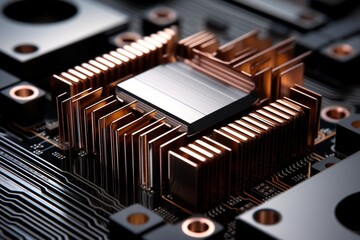 Intricate Design of a Heat Sink Fin in an Industrial Environment Surrounded by Mechanical Components - obrazy, fototapety, plakaty