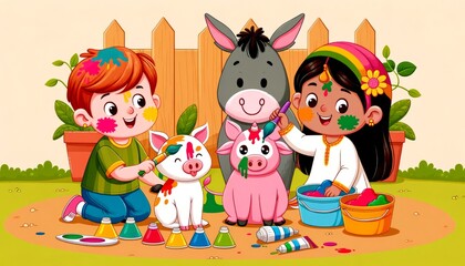 Holi Festivities with Cartoon Kids and Animals