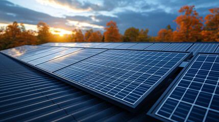 Instalación de paneles solares en tejado de un edificio. - obrazy, fototapety, plakaty