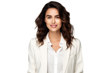 Portrait of young beautiful Business woman wearing suit and shirt posing with smart and confidence isolated on transparent png background.