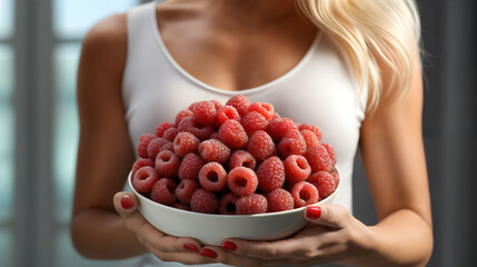 Woman holds a bowl filled with raspberries, fruit for breakfast. Generative AI.