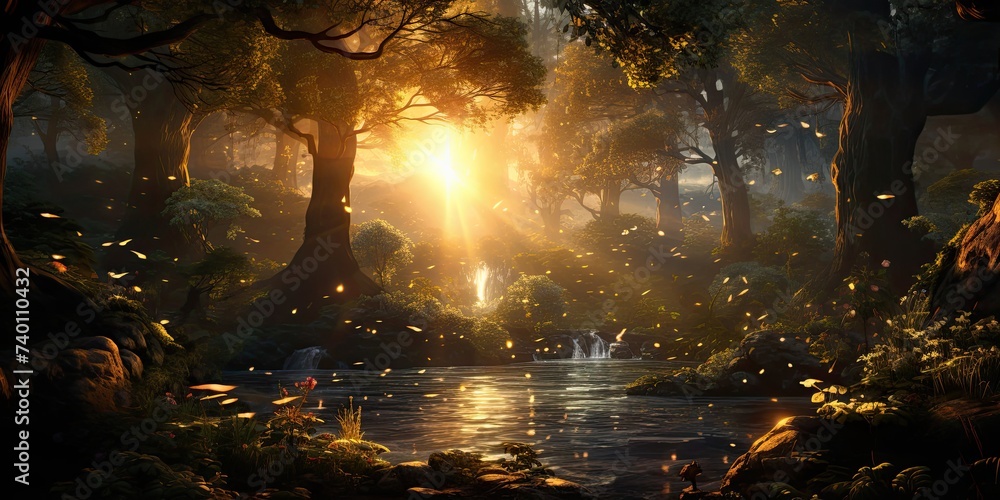 Poster sun shining through trees in magical fantasy forest generative ai