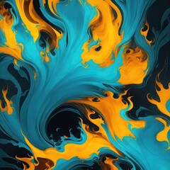 Abstract Cyan and Yellow patterns burn in fiery flames Background