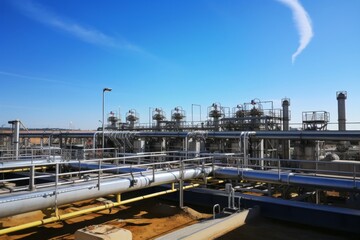 Naklejka premium Expansive shot of an industrial wastewater treatment plant featuring a prominent aeration basin