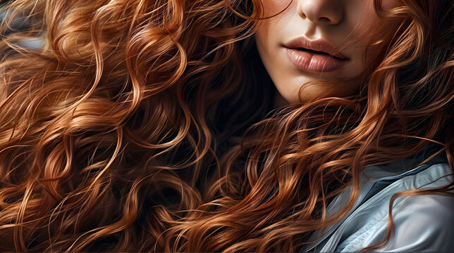 Closeup hair, undulating waves of a woman vibrant crimson locks. Generative AI.