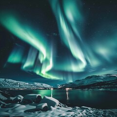 Night sky with Northern lights, aurora, winds